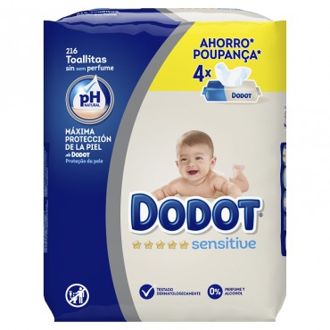 Lingettes bébé Sensitive sans parfum, 4 packs de 54 unités. Dodot