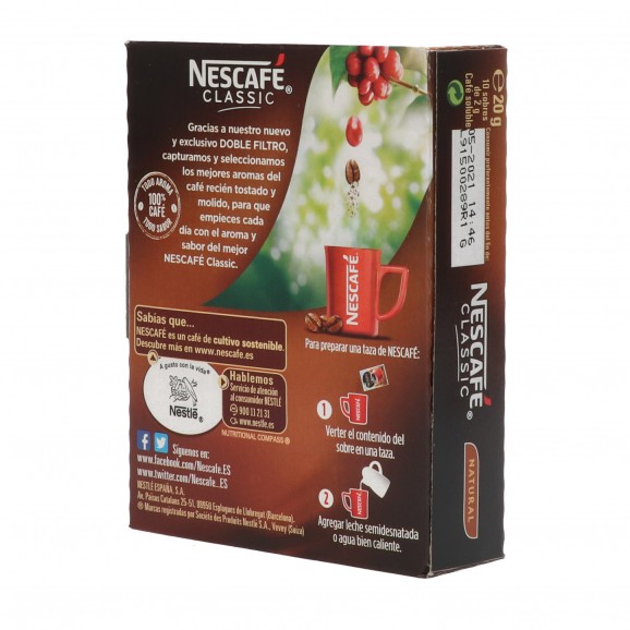 Cafè natural, 10 unitats de 2 g. Nescafé