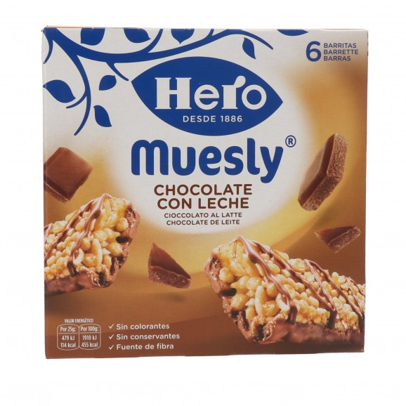 Barritas de muesli de chocolate con leche, 6 unidades de 25 g. Hero