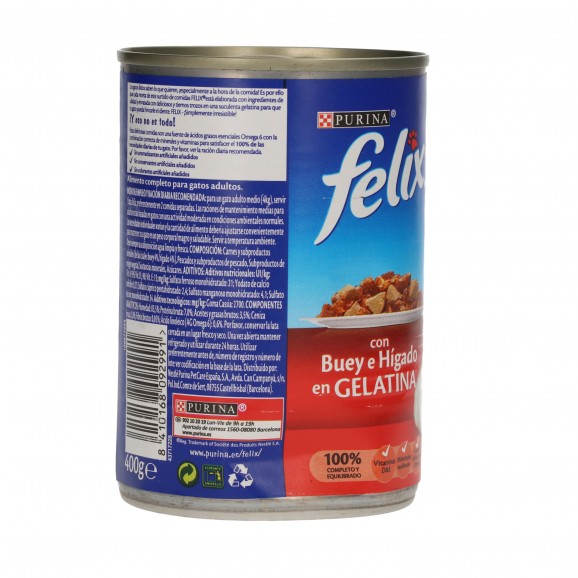 Menjar per a gat de bou i fetge en gelatina, 400 g. Felix