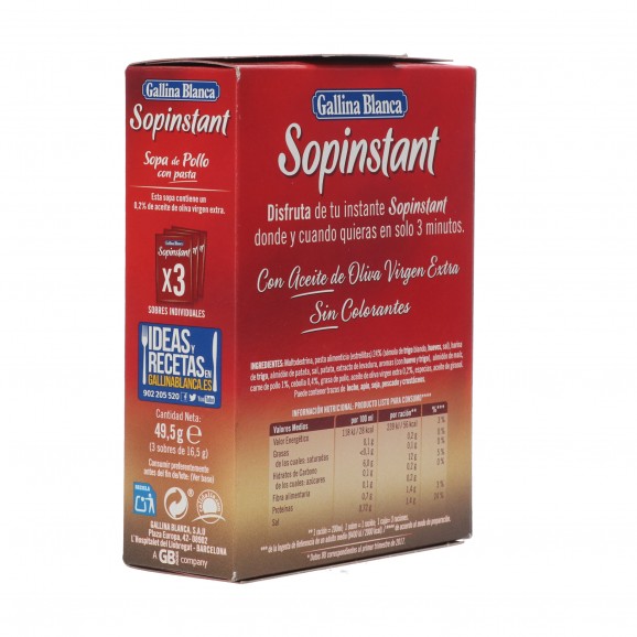 Sopa instantánea de pollo con pasta, 49,5 g. Gallina Blanca