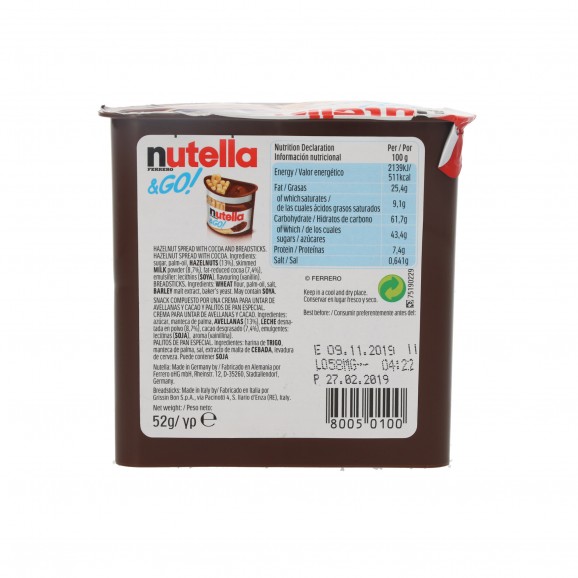 Crema de cacau GO!, 52 g. Nutella