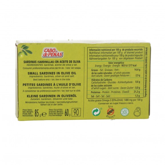 Sardinillas en aceite de oliva, 6/10 piezas 85 g. Cabo de Peñas