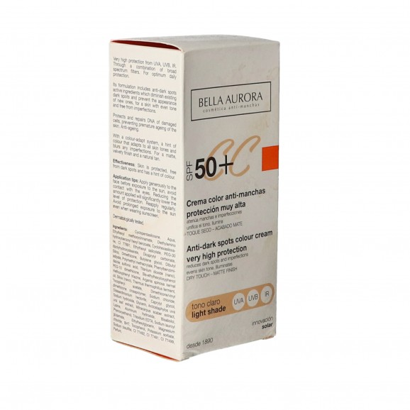 Crème solaire teintée claire SPF50+, 30 ml. Bella Aurora