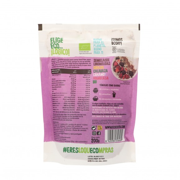 Semillas de lino molidas con girasol, calabaza, cáñamo y frambuesas Love Seeds, 200 g. Ecocesta